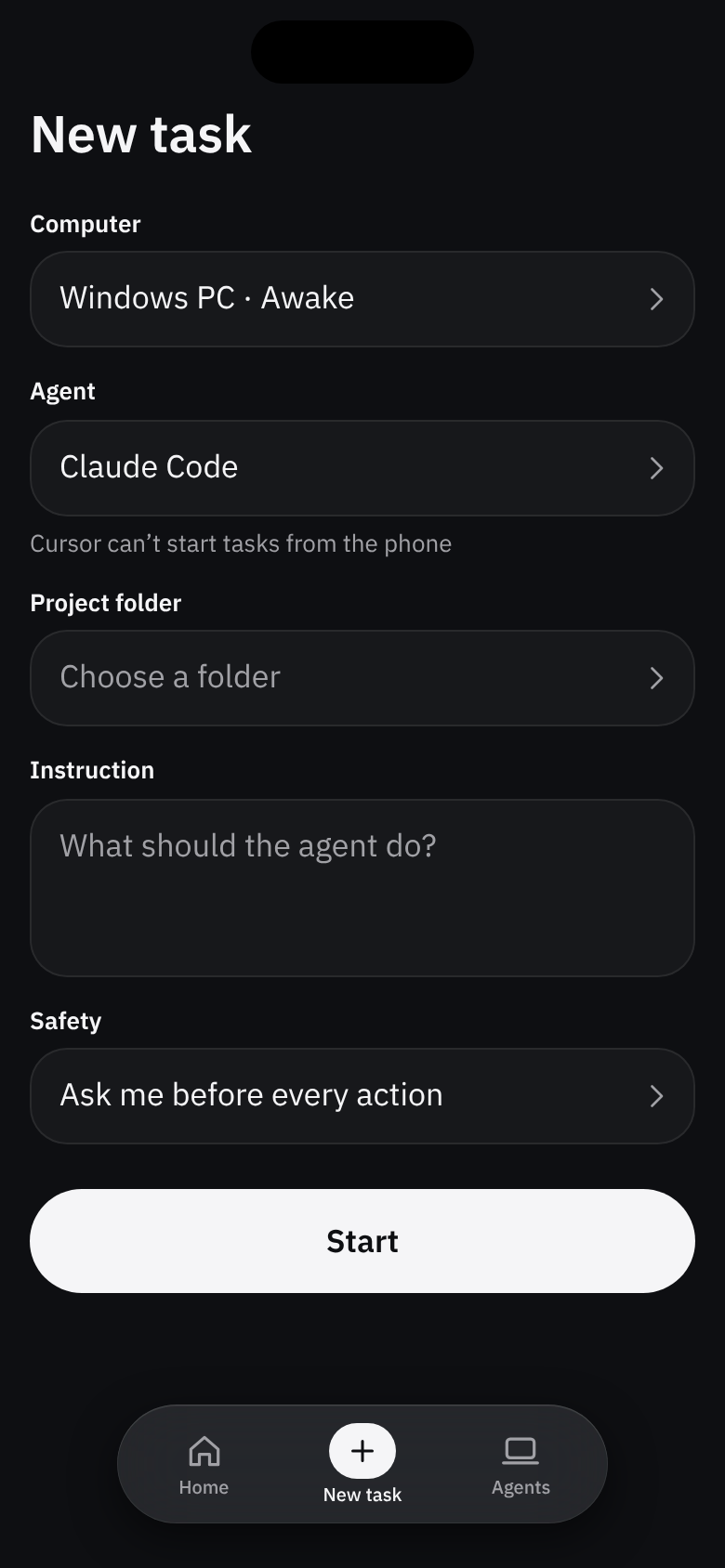 New task before feedback: a form with Computer, Agent, Project folder, Instruction and Safety fields and a Start button.