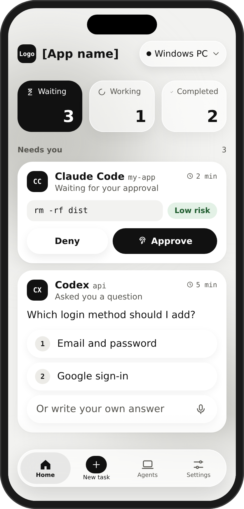 The first full design: a light Home titled [App name] with a black Waiting tile, a request card with Deny and Approve, and a question card with numbered options.