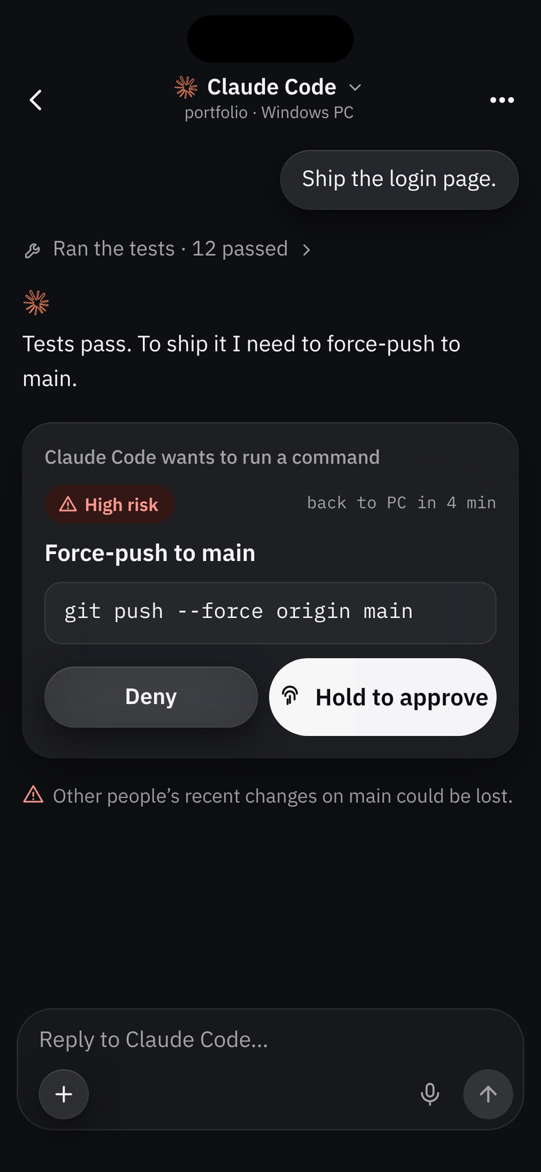 A high-risk request in the chat: Force-push to main, git push --force origin main, with Deny and Hold to approve, and a warning that other people’s recent changes could be lost.