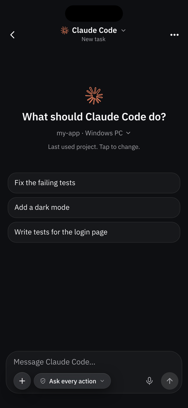 A new Claude Code chat: What should Claude Code do?, the last used project as one line you can tap to change, three suggestions, and the message box.