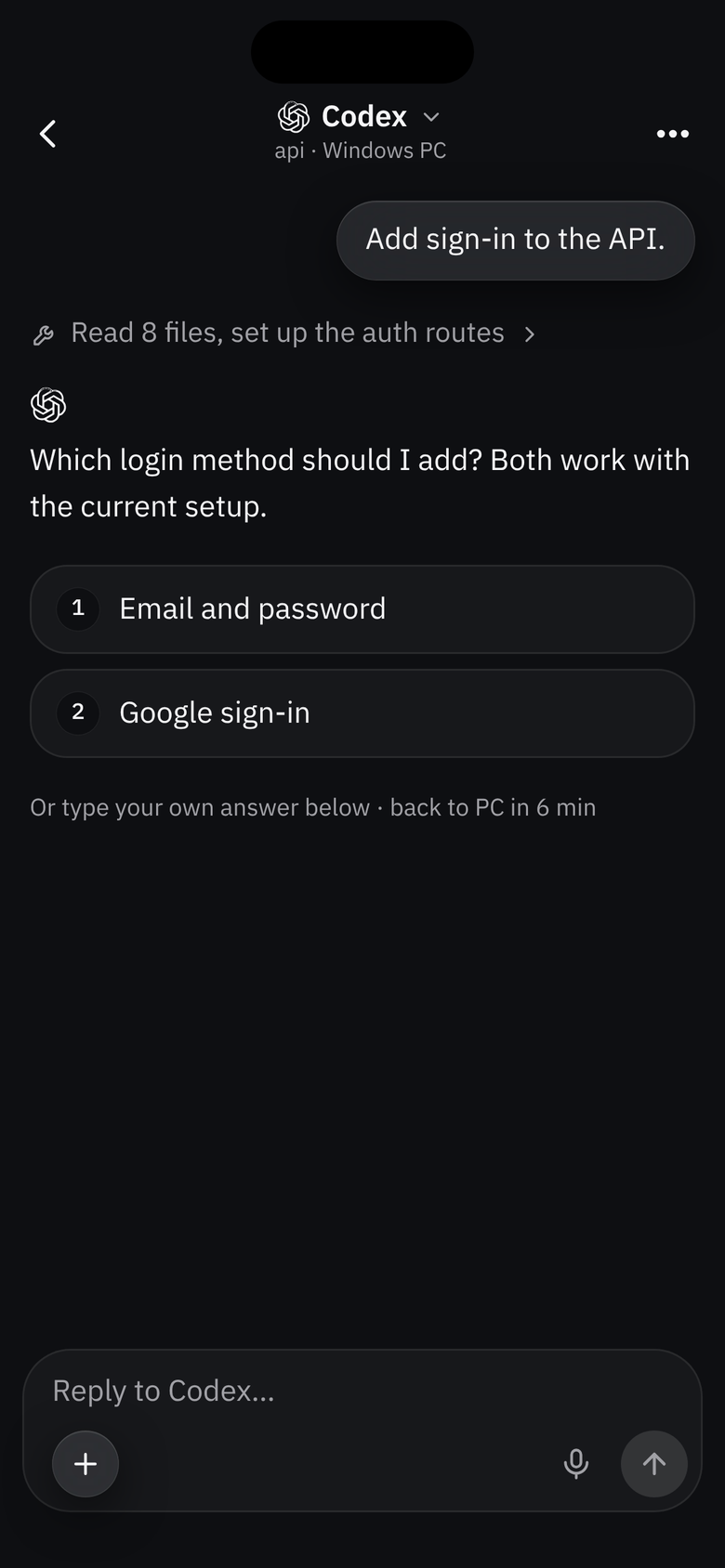 Codex asks which login method to add, with two numbered options and a typed answer below.