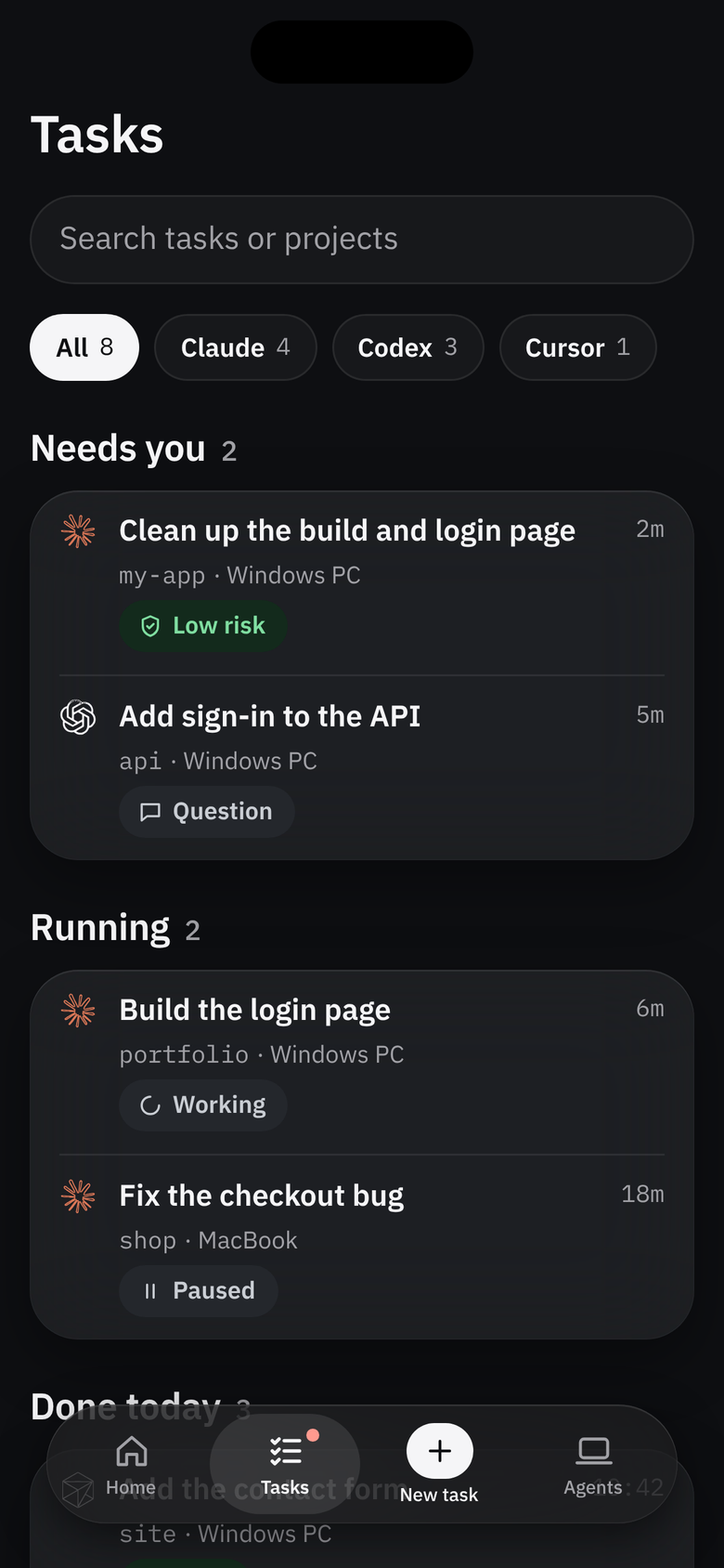 Tasks: every task from Claude Code, Codex and Cursor in one list, filtered by agent and grouped into Needs you, Running and Done today.