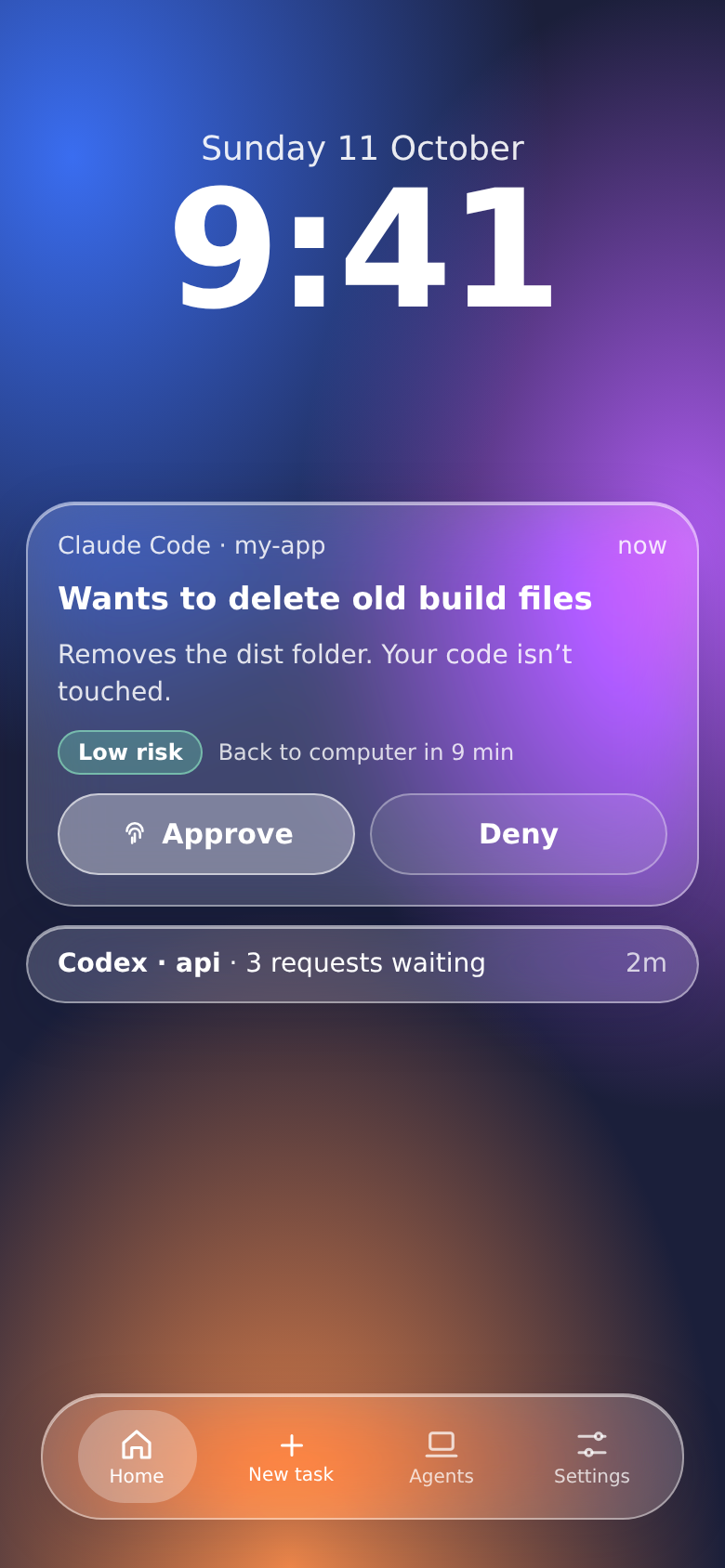 Liquid glass direction: a lock-screen notification with glassy Approve and Deny buttons over a vivid purple and orange gradient.