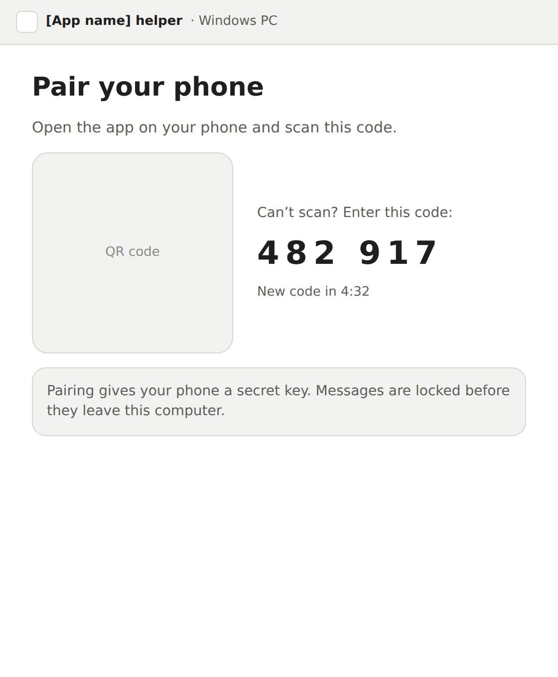 Wireframe of the computer helper: Pair your phone, with a QR code and a 6-digit code to type if scanning fails.