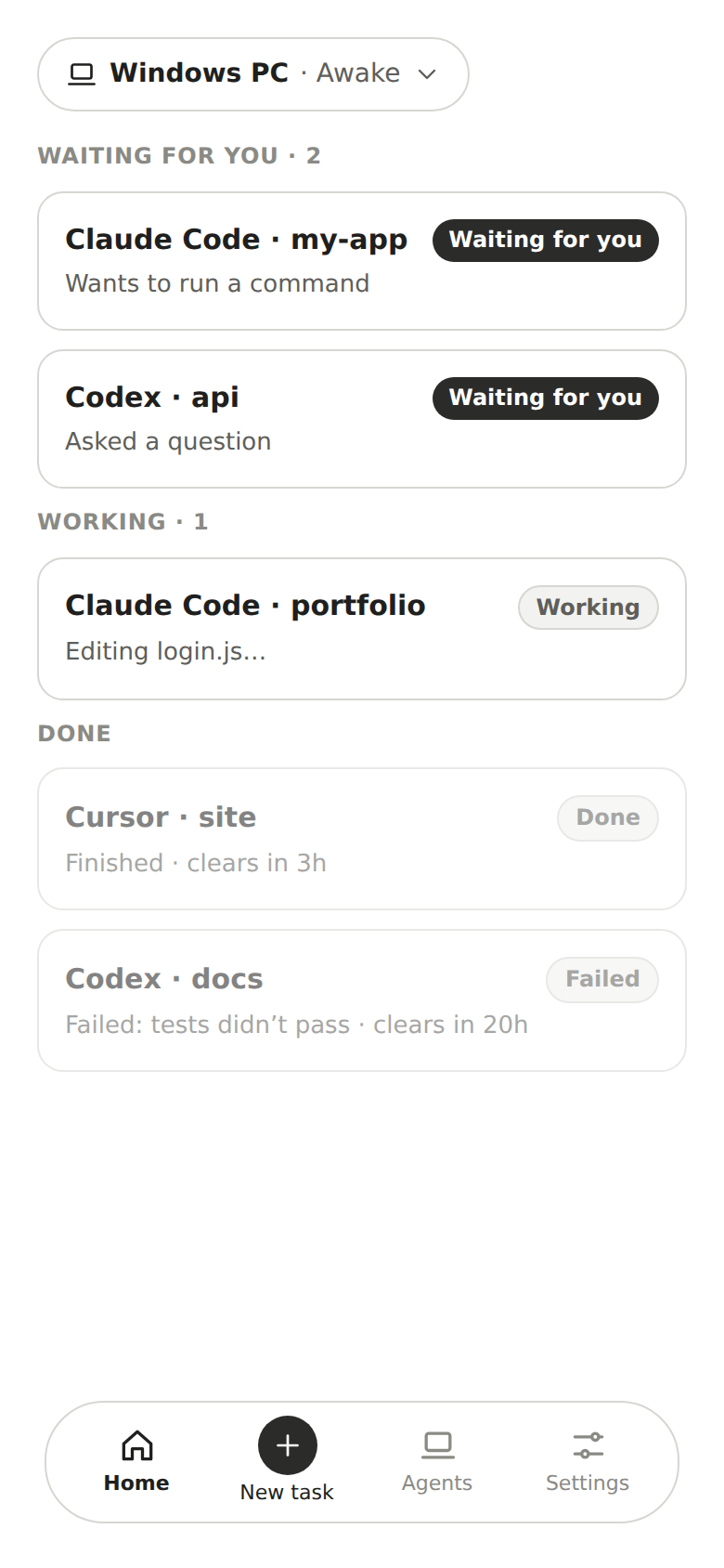 Mid-fidelity wireframe of Home: Windows PC · Awake at the top, Waiting for you with Claude Code · my-app and Codex · api, then Working and Done, above a floating tab bar with four items.